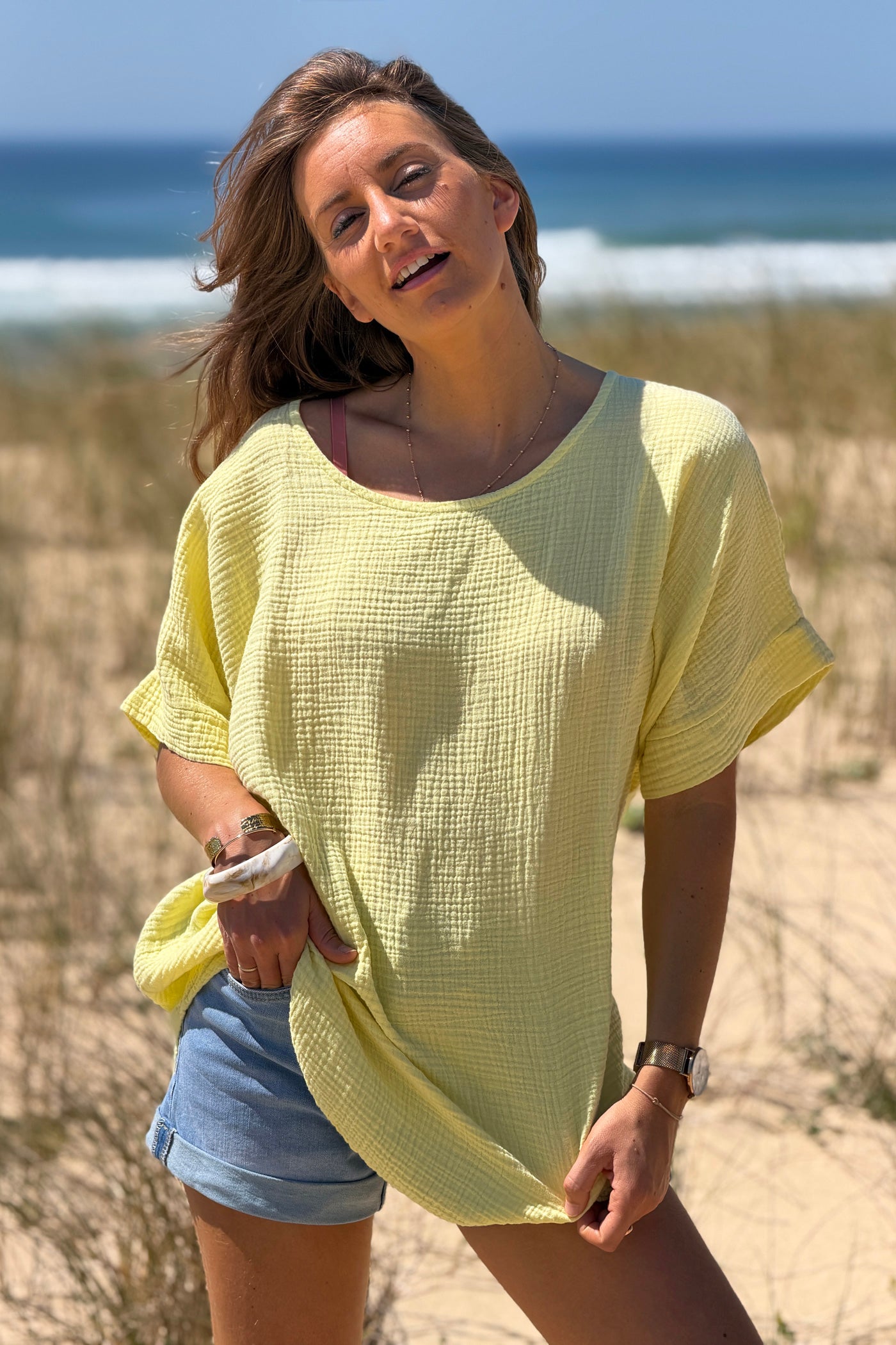 Yellow Crinkle Gauze Blouse