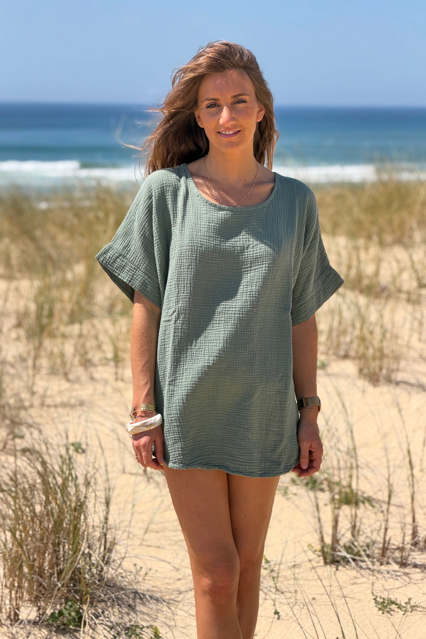 Olive Crinkle Gauze Blouse