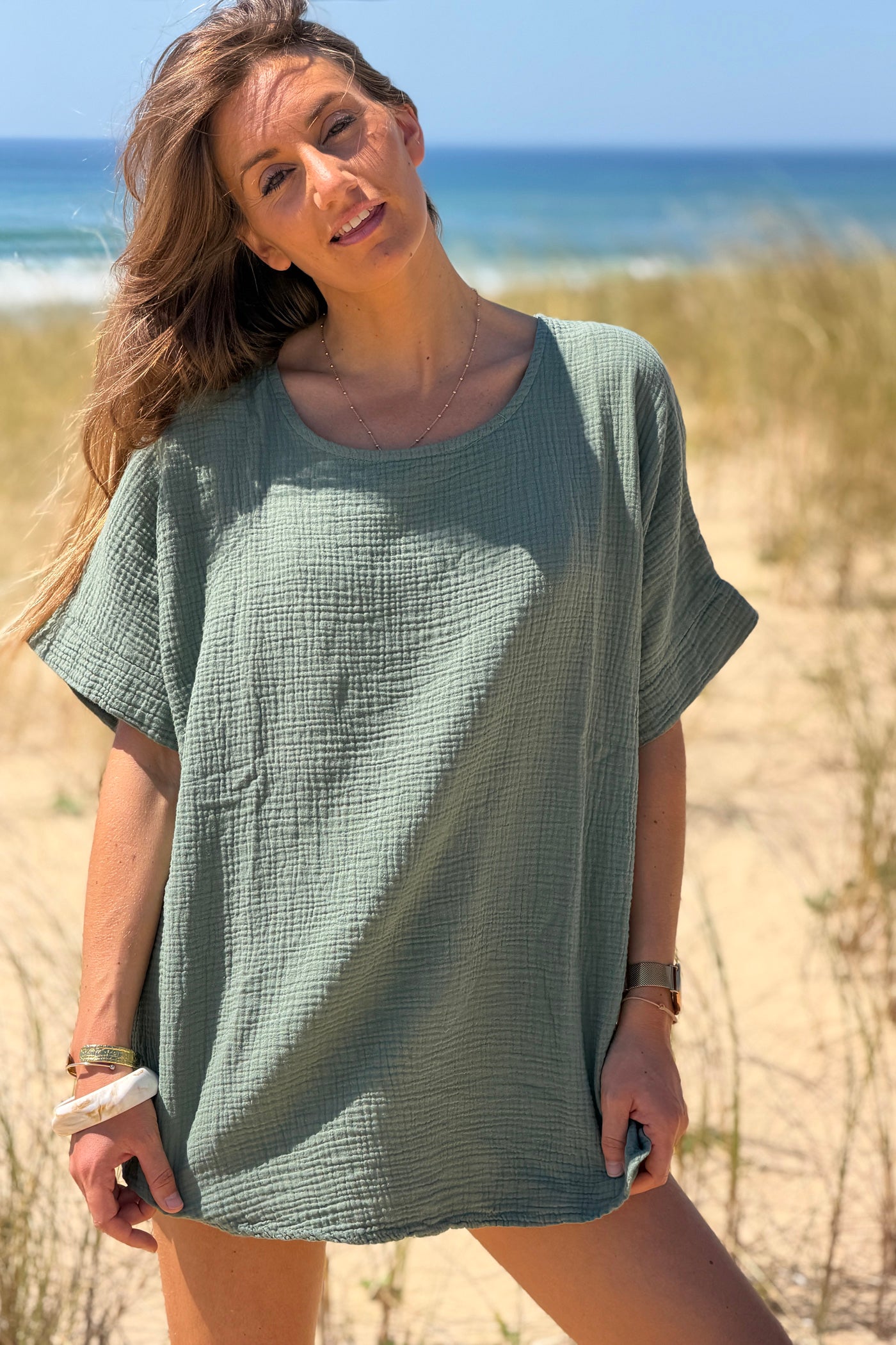 Olive Crinkle Gauze Blouse