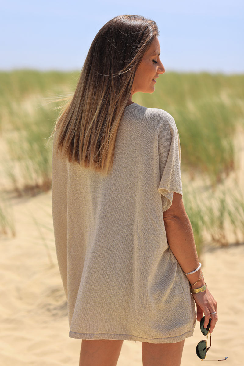 Beige metallic fine knit relaxed fit top