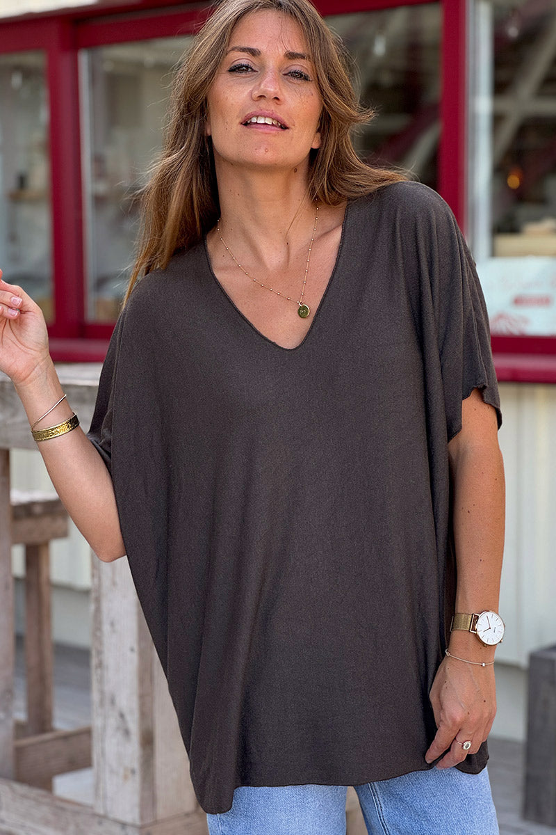 Top marron fluide confort et stretch col V