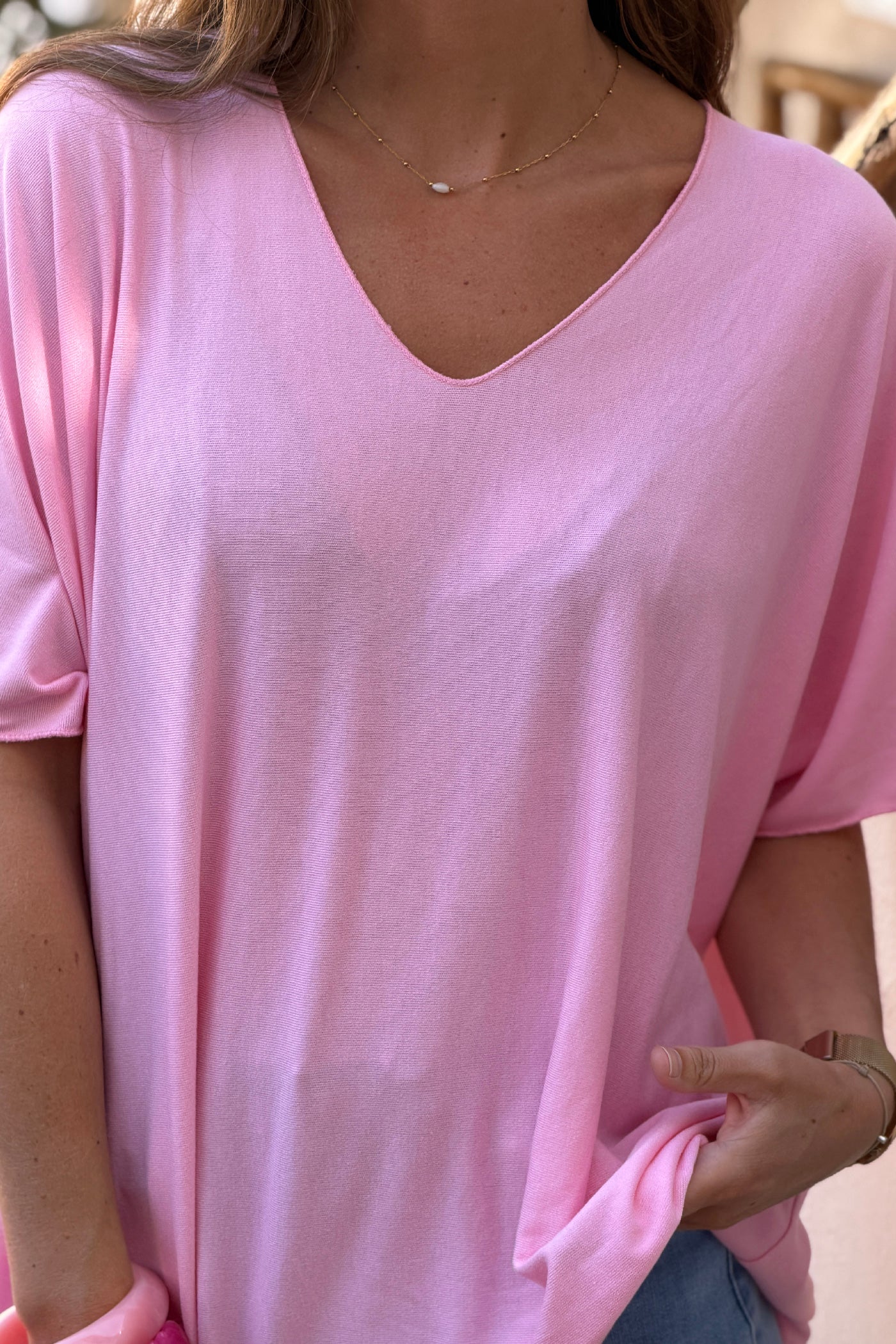 Top rose fluide confort et stretch col v