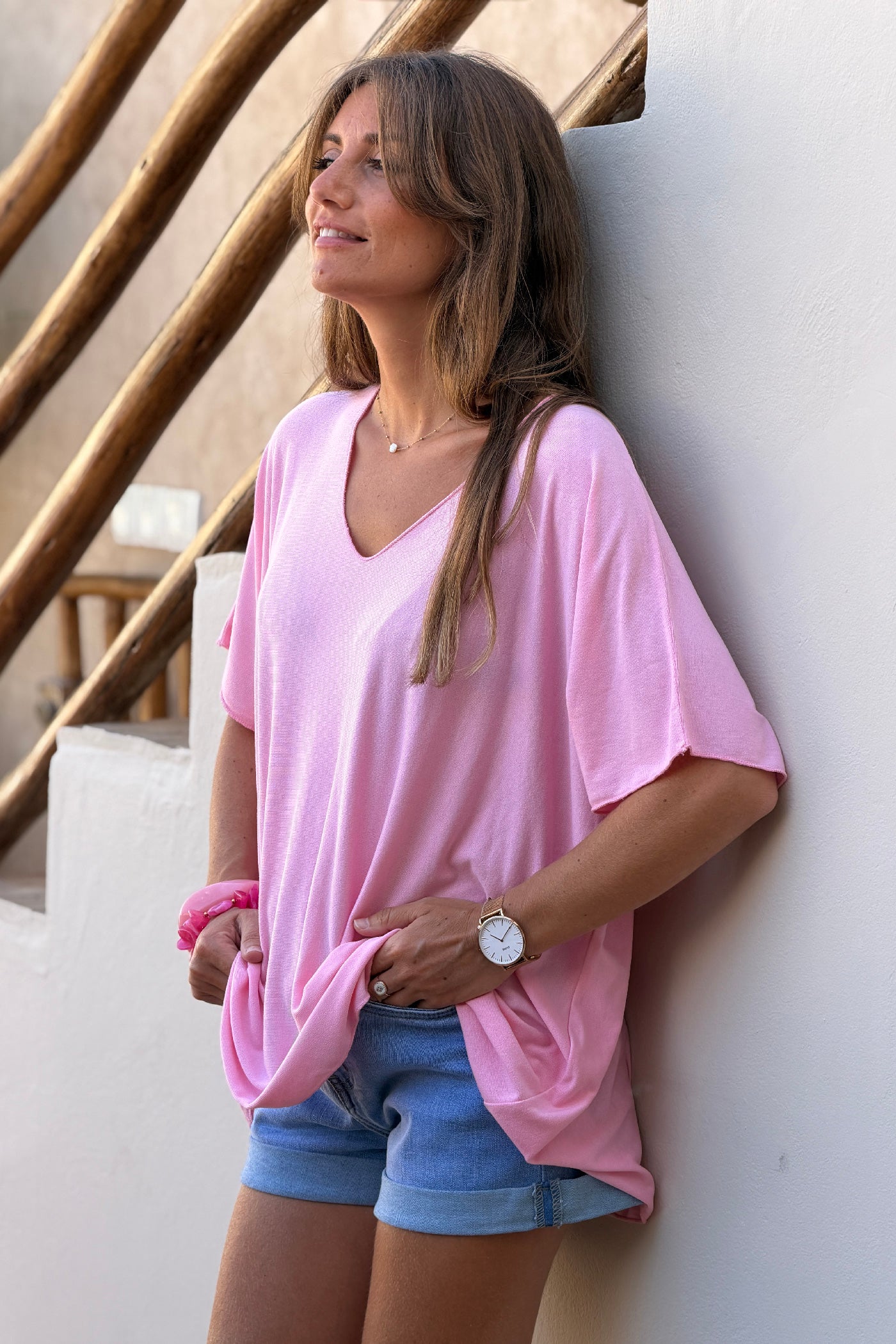 Top rose fluide confort et stretch col v