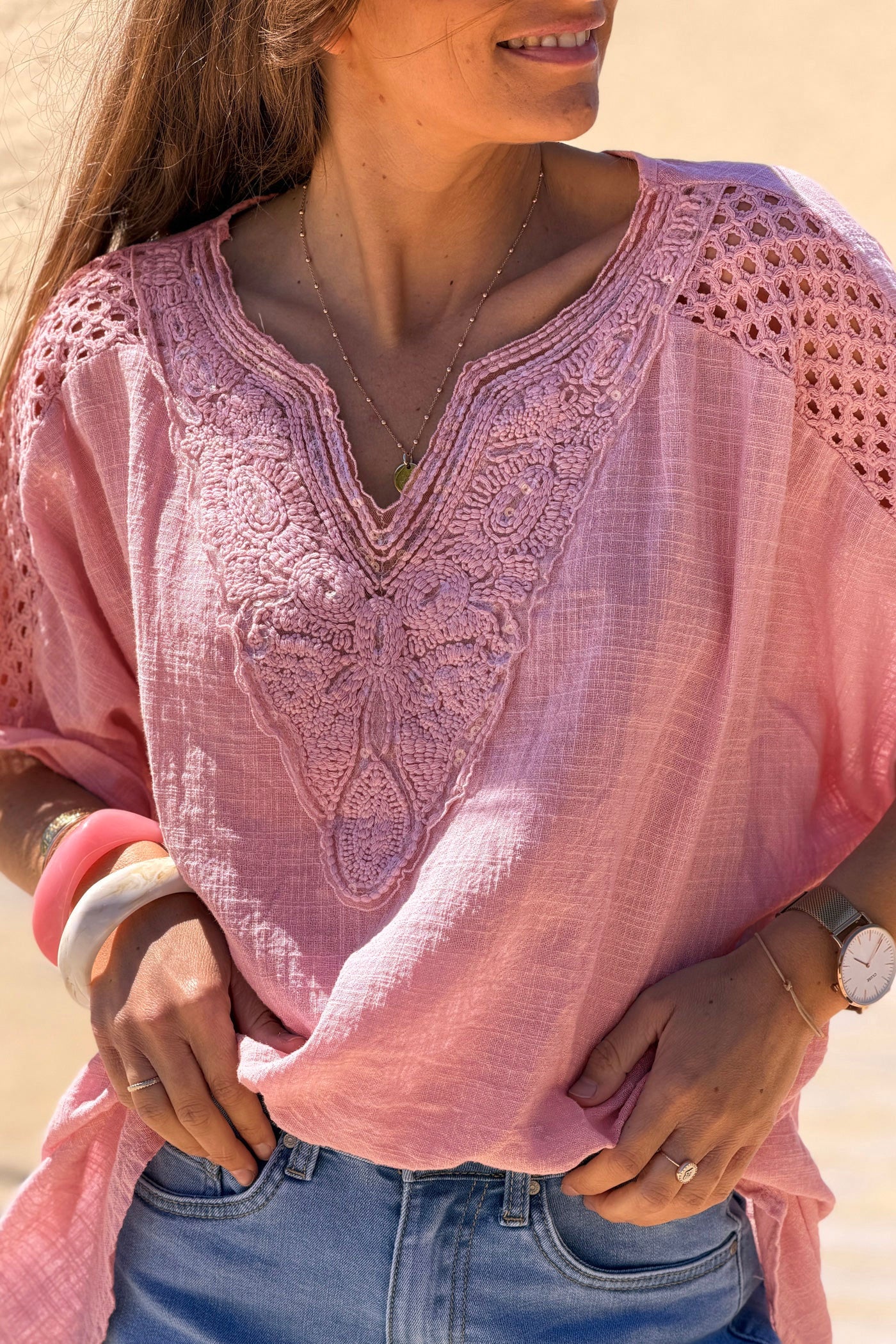 Rose Crochet Sleeve Linen Tunic