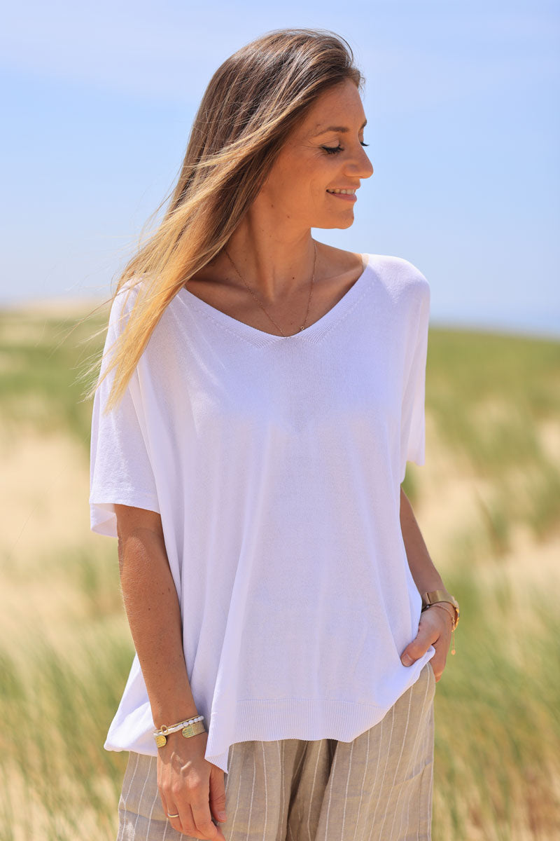 White oversized fine knit t-shirt with short sleeves