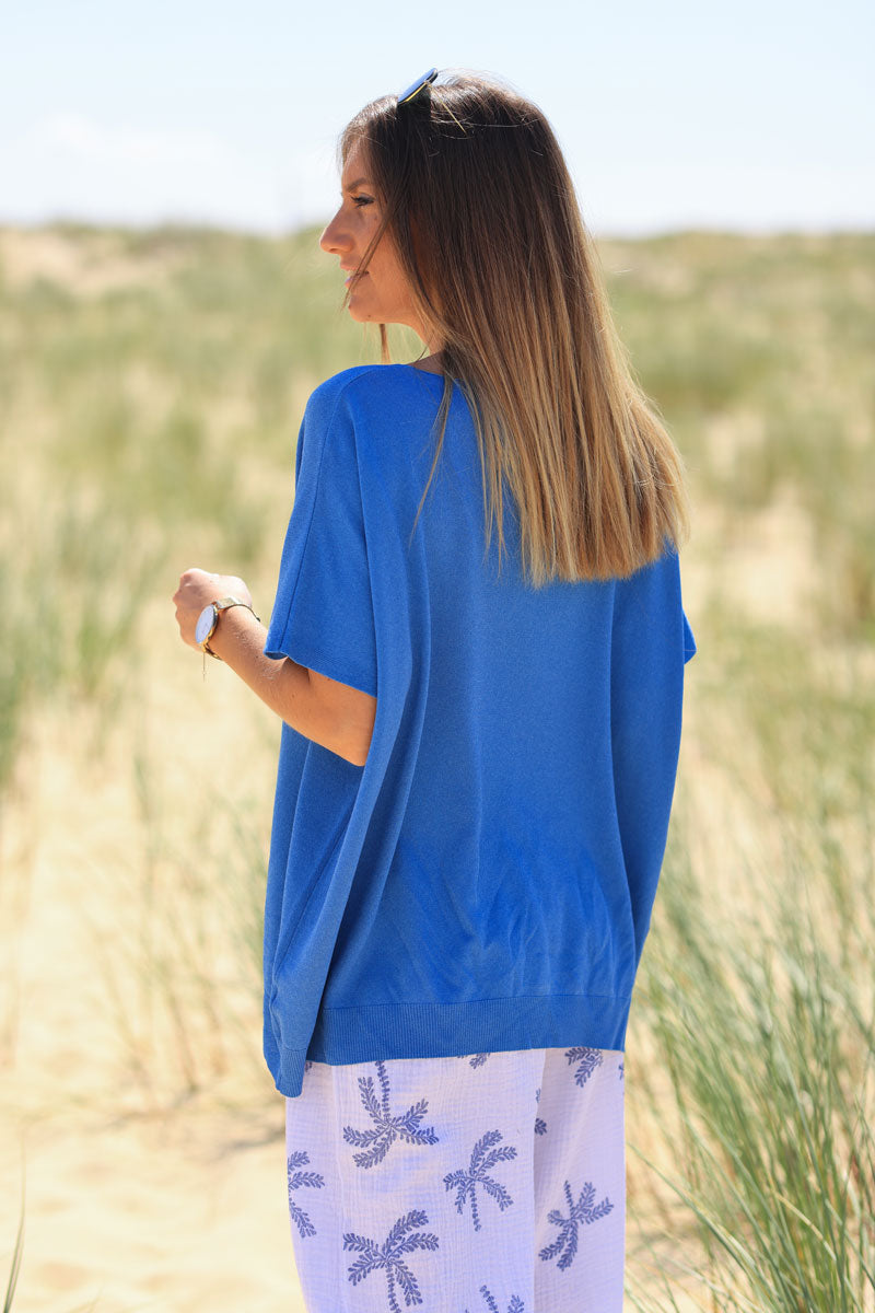 Royal blue oversized fine knit t-shirt with short sleeves
