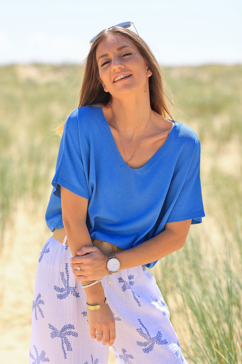 Royal blue oversized fine knit t-shirt with short sleeves