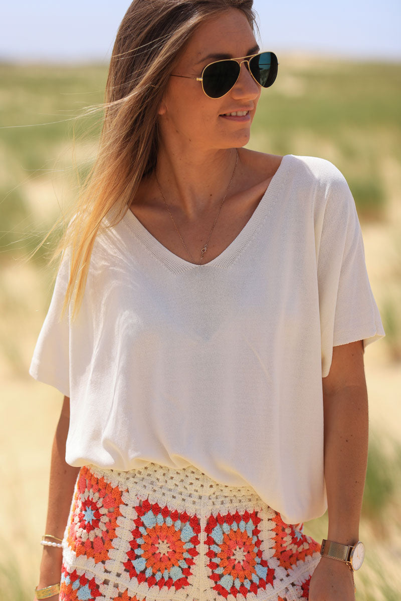 Top stretch et large écru petite maille manches courtes