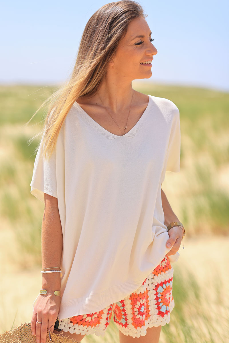 Top stretch et large écru petite maille manches courtes
