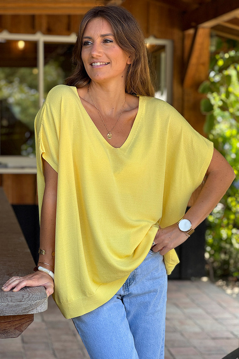 Yellow Slouchy V-Neck Soft Knit Blouse
