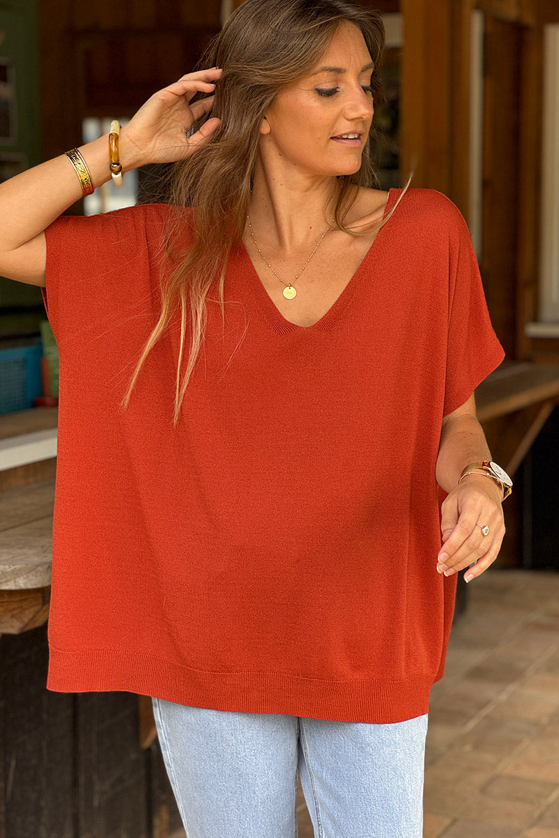Red Slouchy V-Neck Soft Knit Blouse