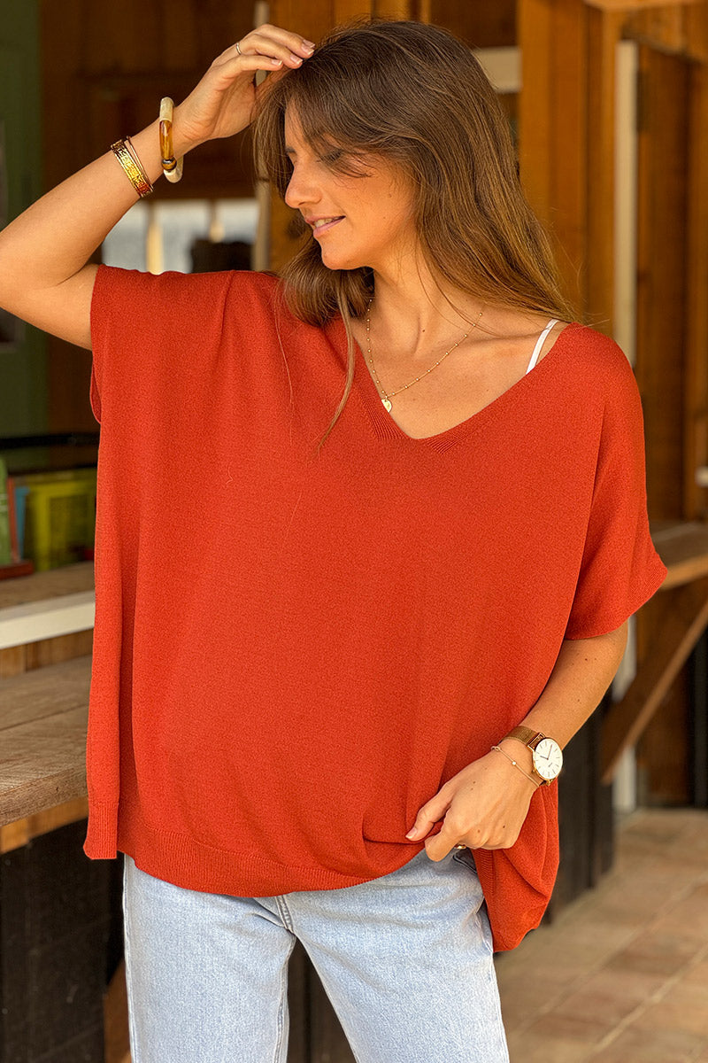 Red Slouchy V-Neck Soft Knit Blouse
