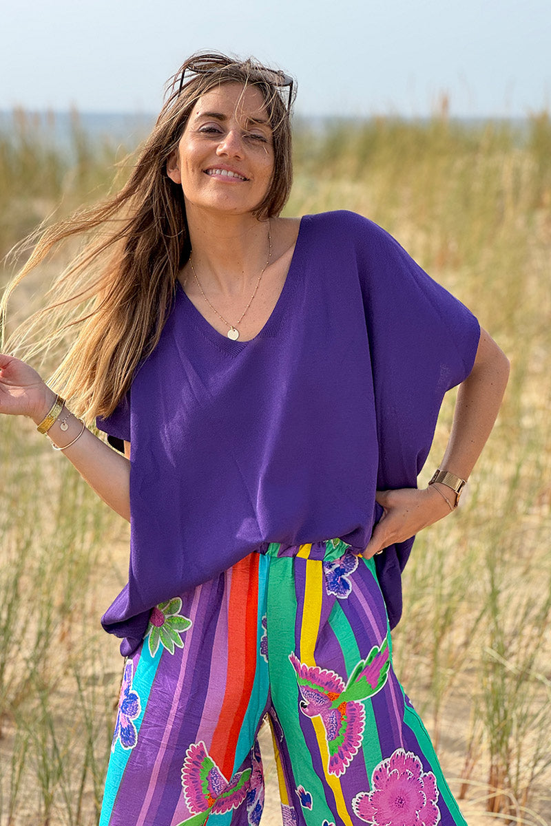 Top stretch et large violet petite maille manches courtes