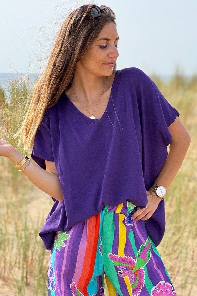 Top stretch et large violet petite maille manches courtes