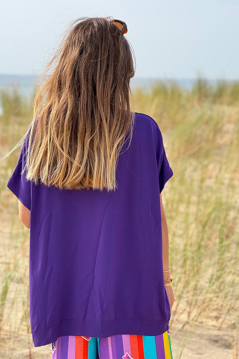 Top stretch et large violet petite maille manches courtes