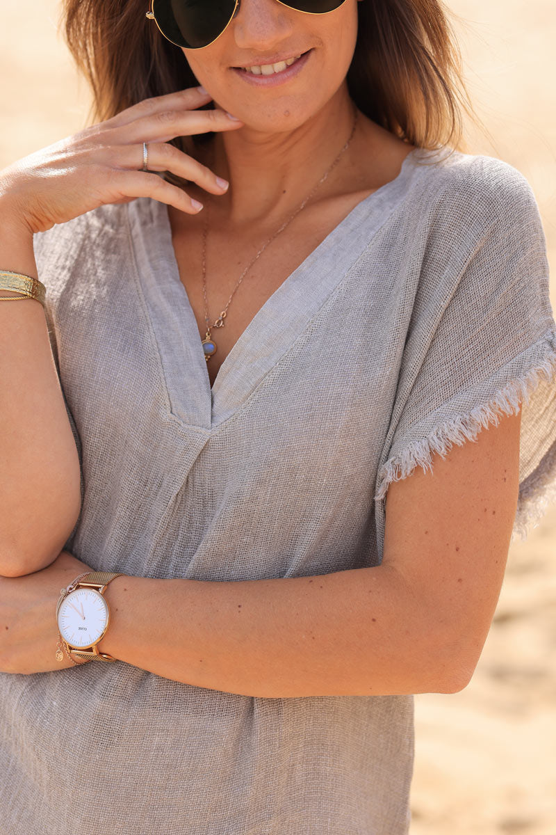 Top taupe mi coton mi lin petites franges