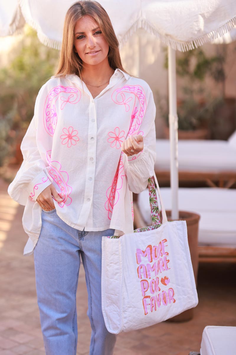 Bolso tote reversible acolchado en color rosa y blanco roto More Amore por Favor