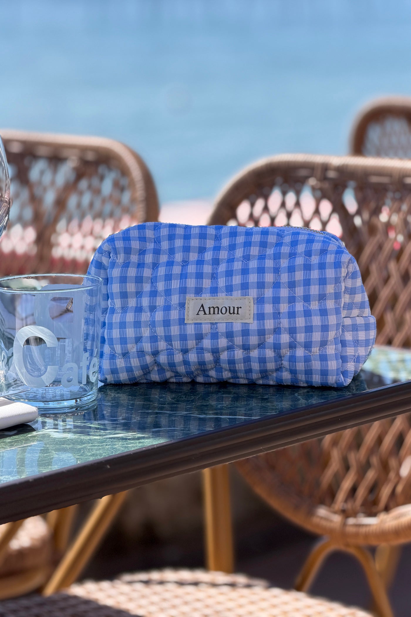 Trousse en gaze de coton a carreaux vichy bleu Amour