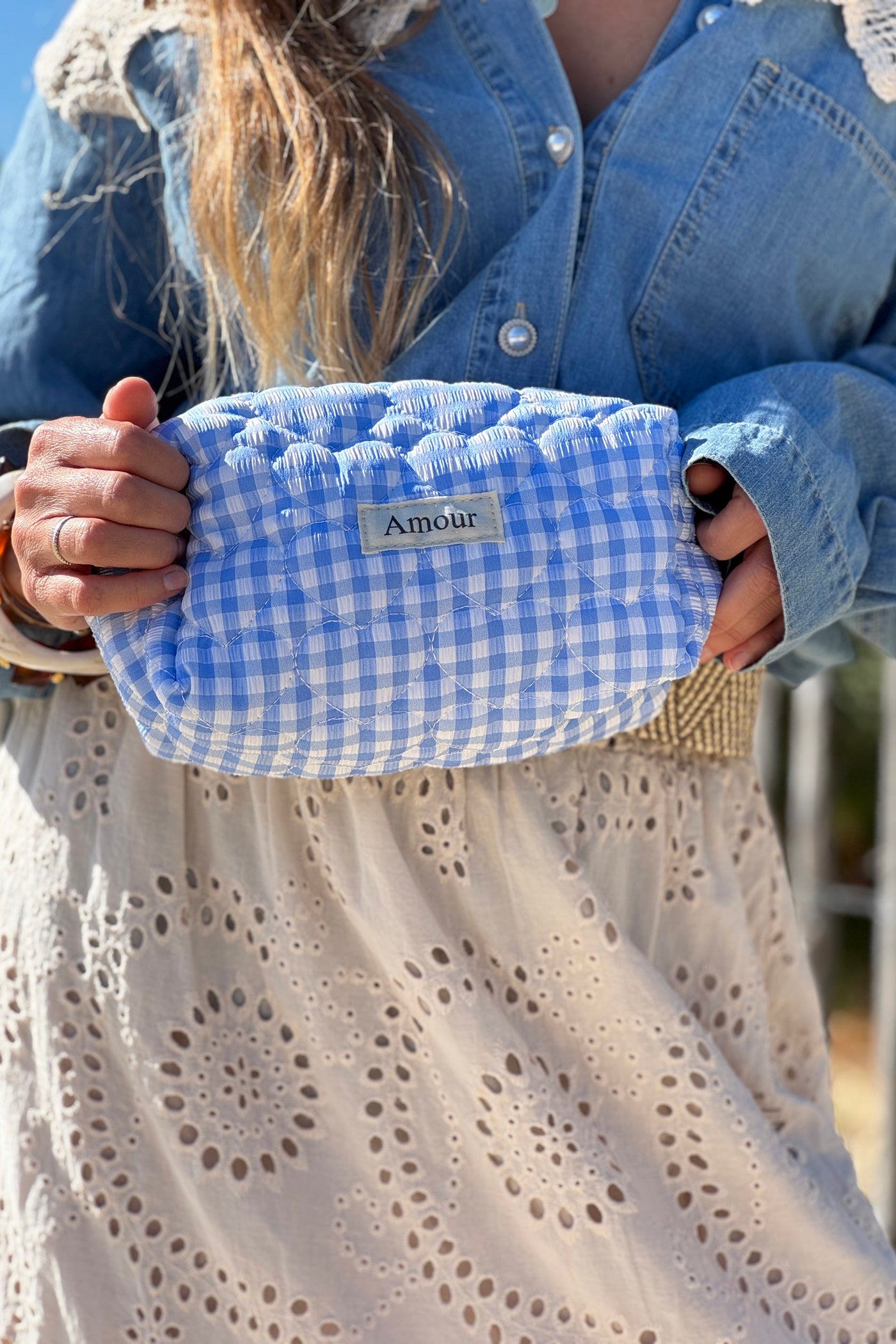 Trousse en gaze de coton a carreaux vichy bleu Amour