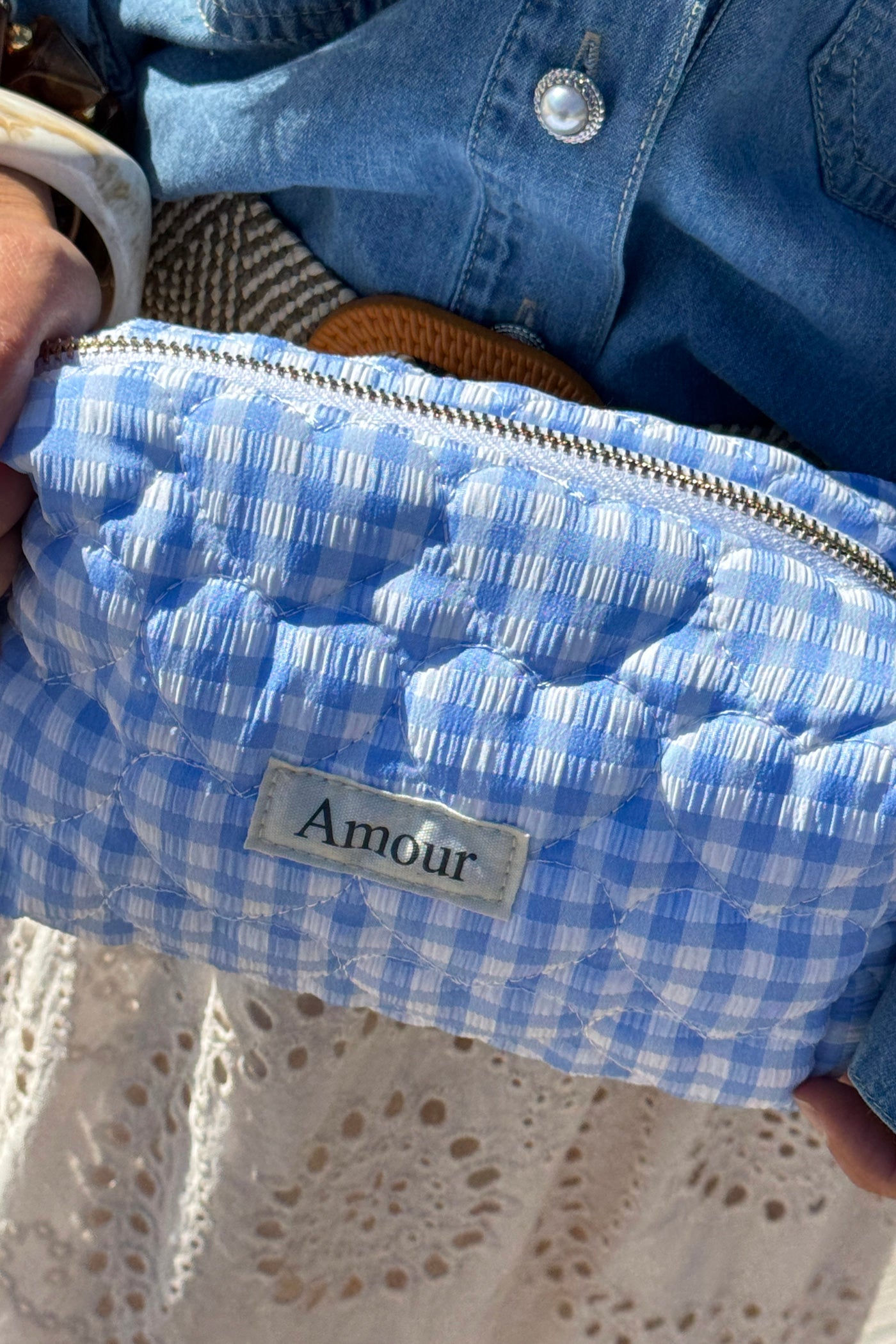 Trousse en gaze de coton a carreaux vichy bleu Amour
