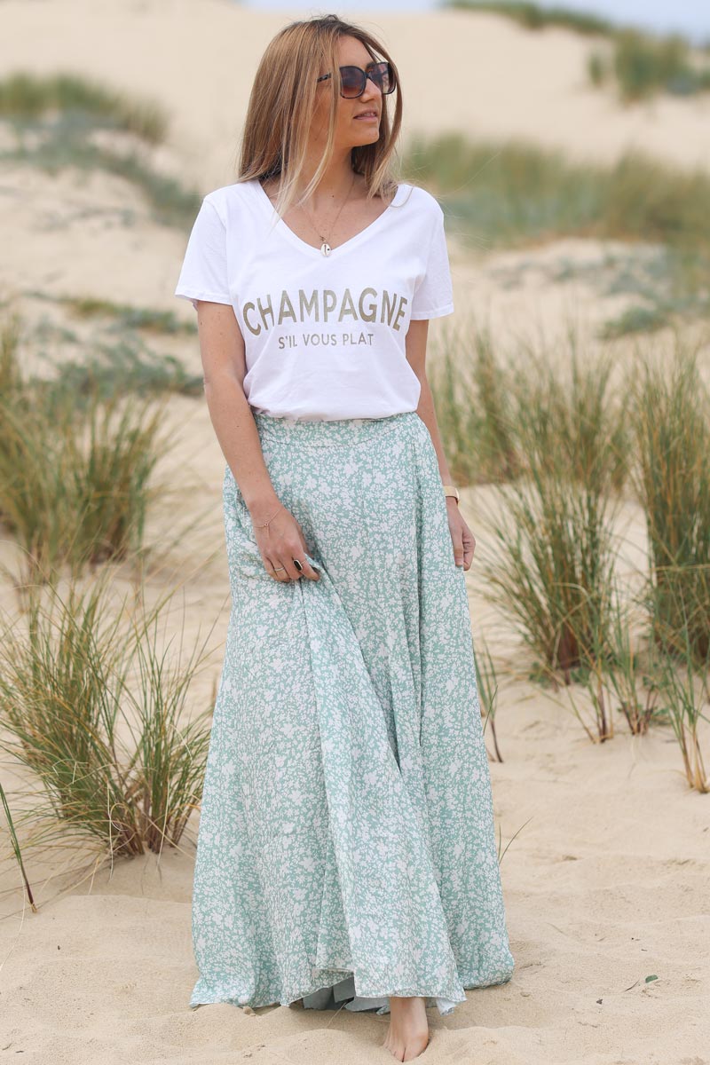 T-shirt blanc col V message champagne s'il vous plait