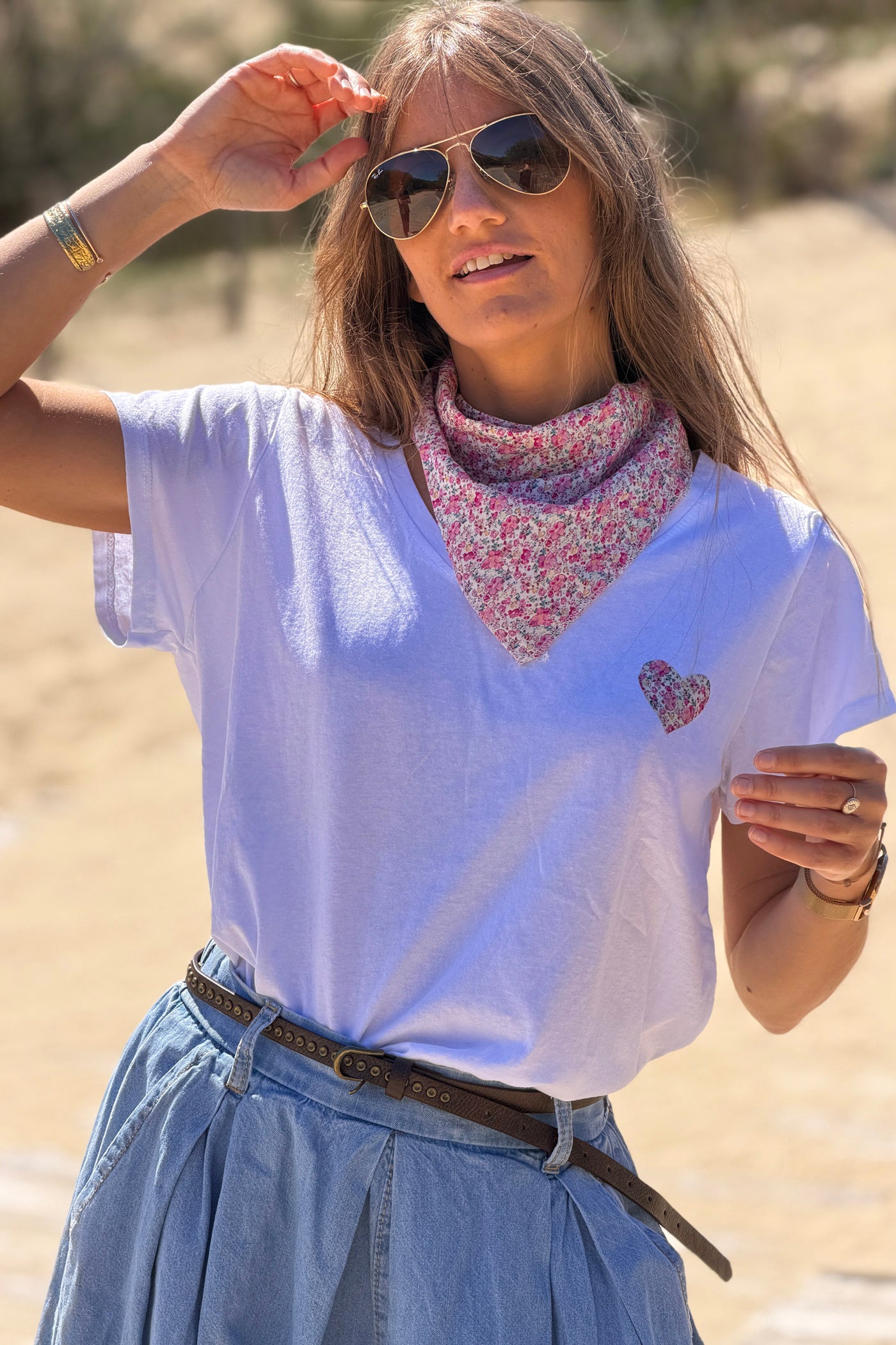 White Calico Heart V-Neck Tee with Scarf