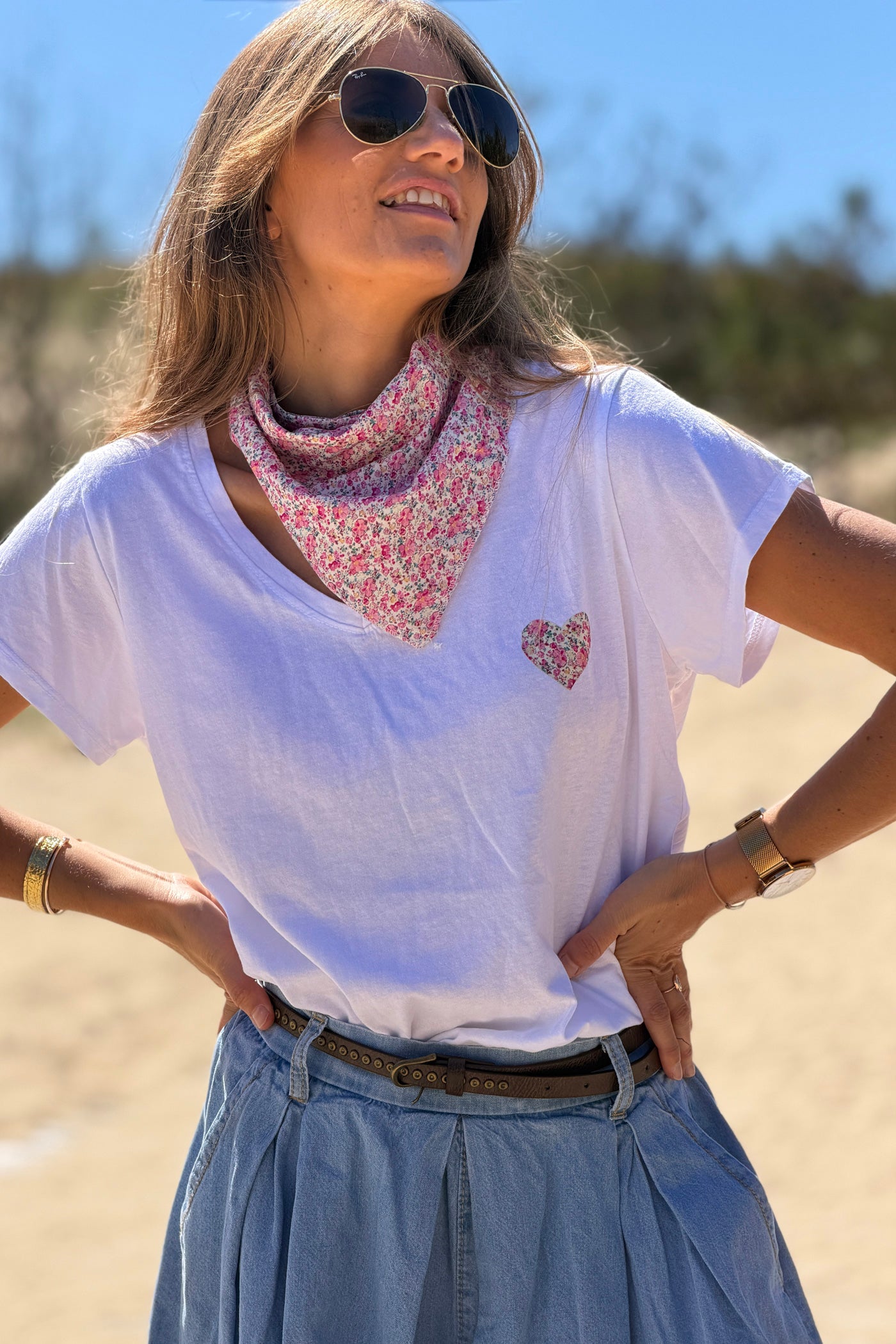 White Calico Heart V-Neck Tee with Scarf