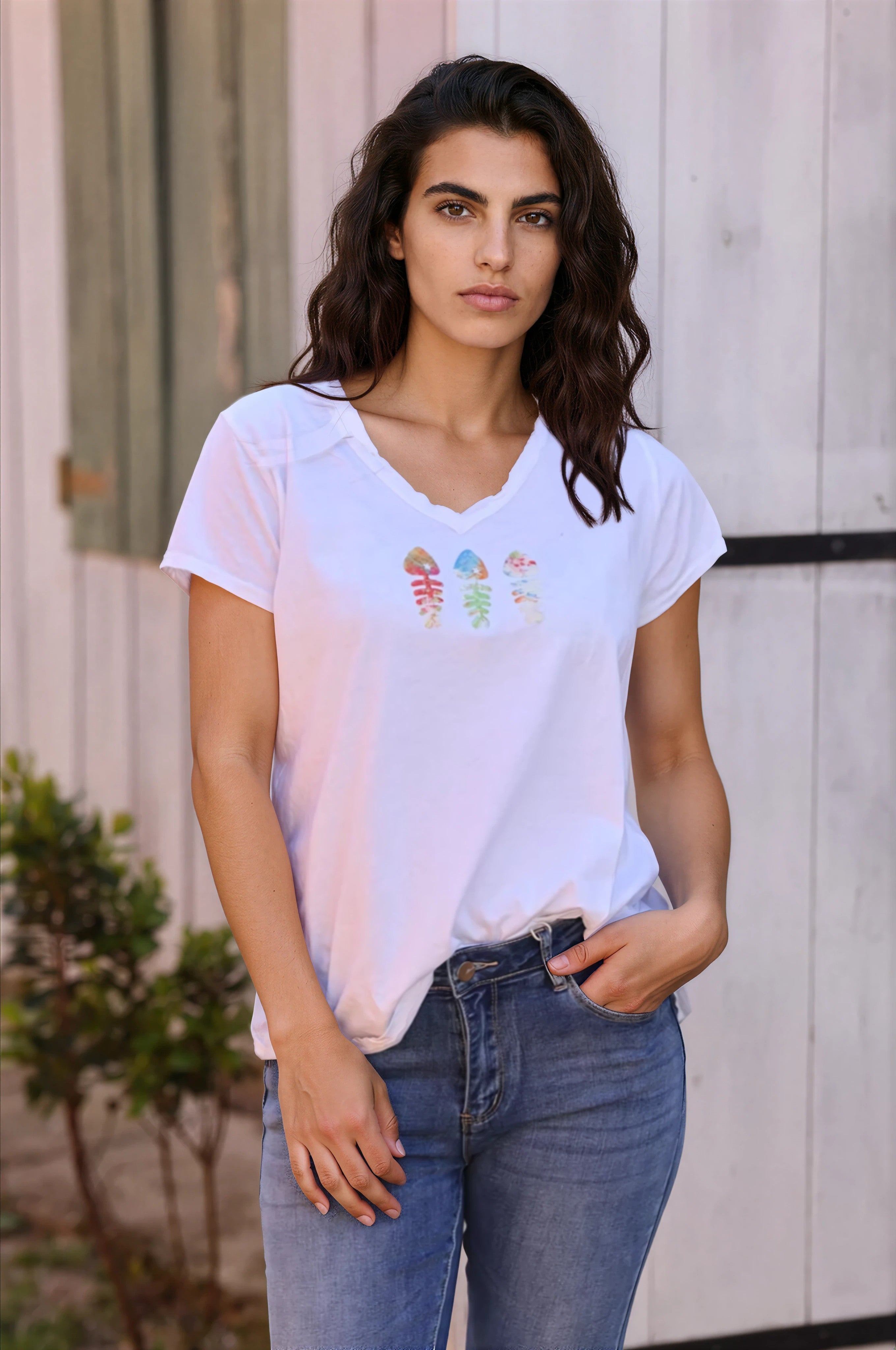 Tshirt blanc en coton col franges trio poissons coloré