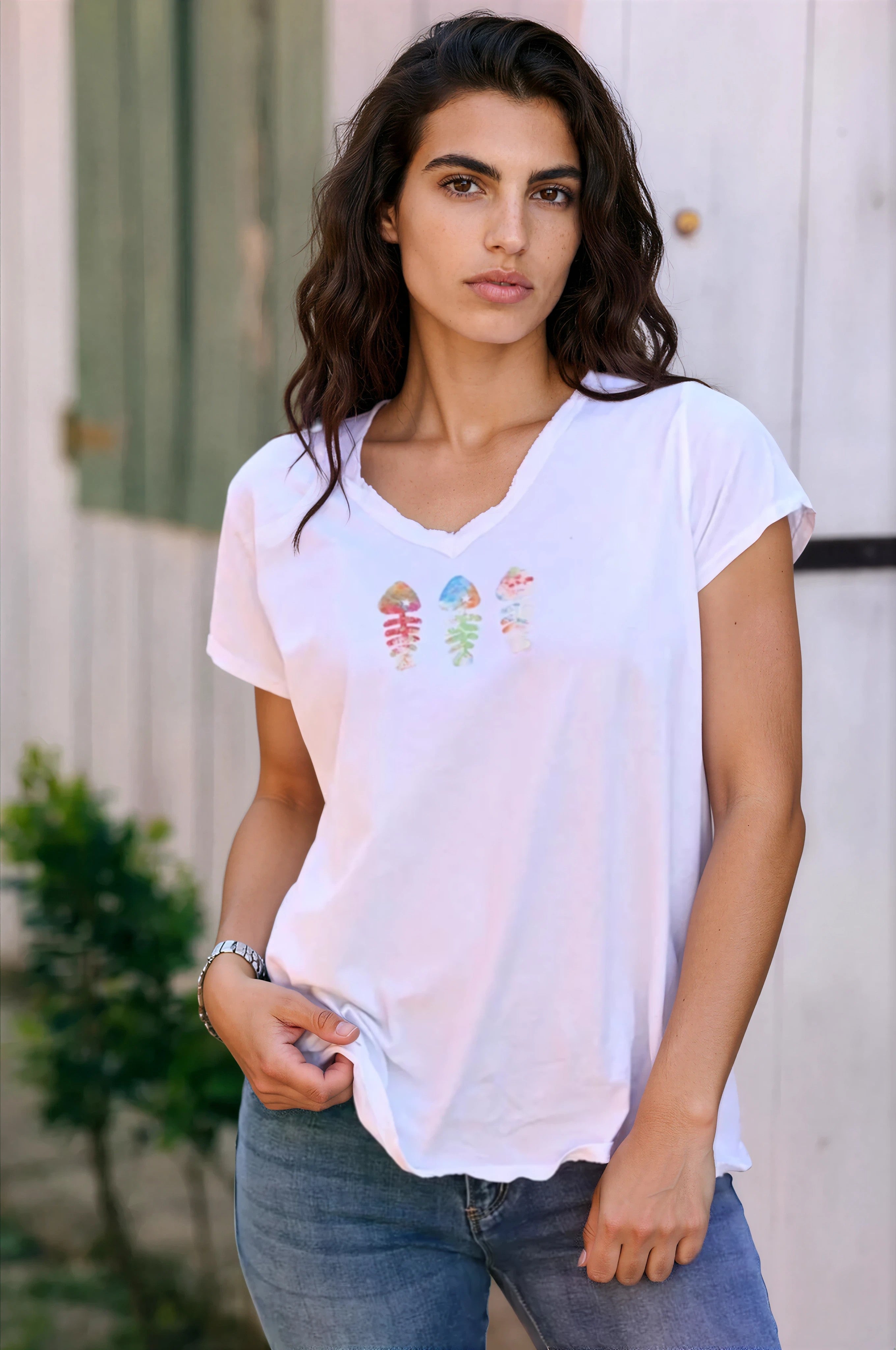 Tshirt blanc en coton col franges trio poissons coloré