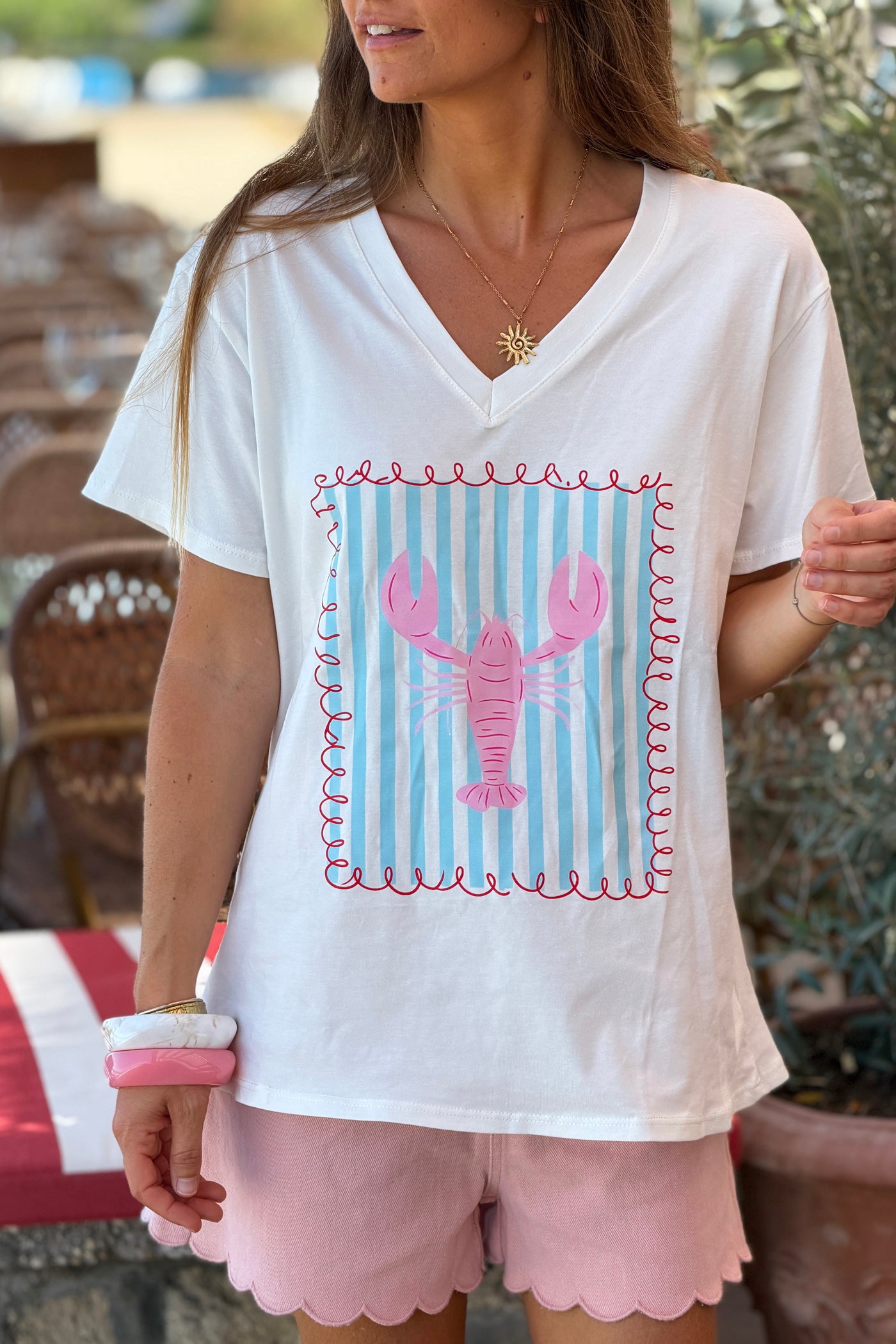 White Whimsical Lobster V-Neck Tee
