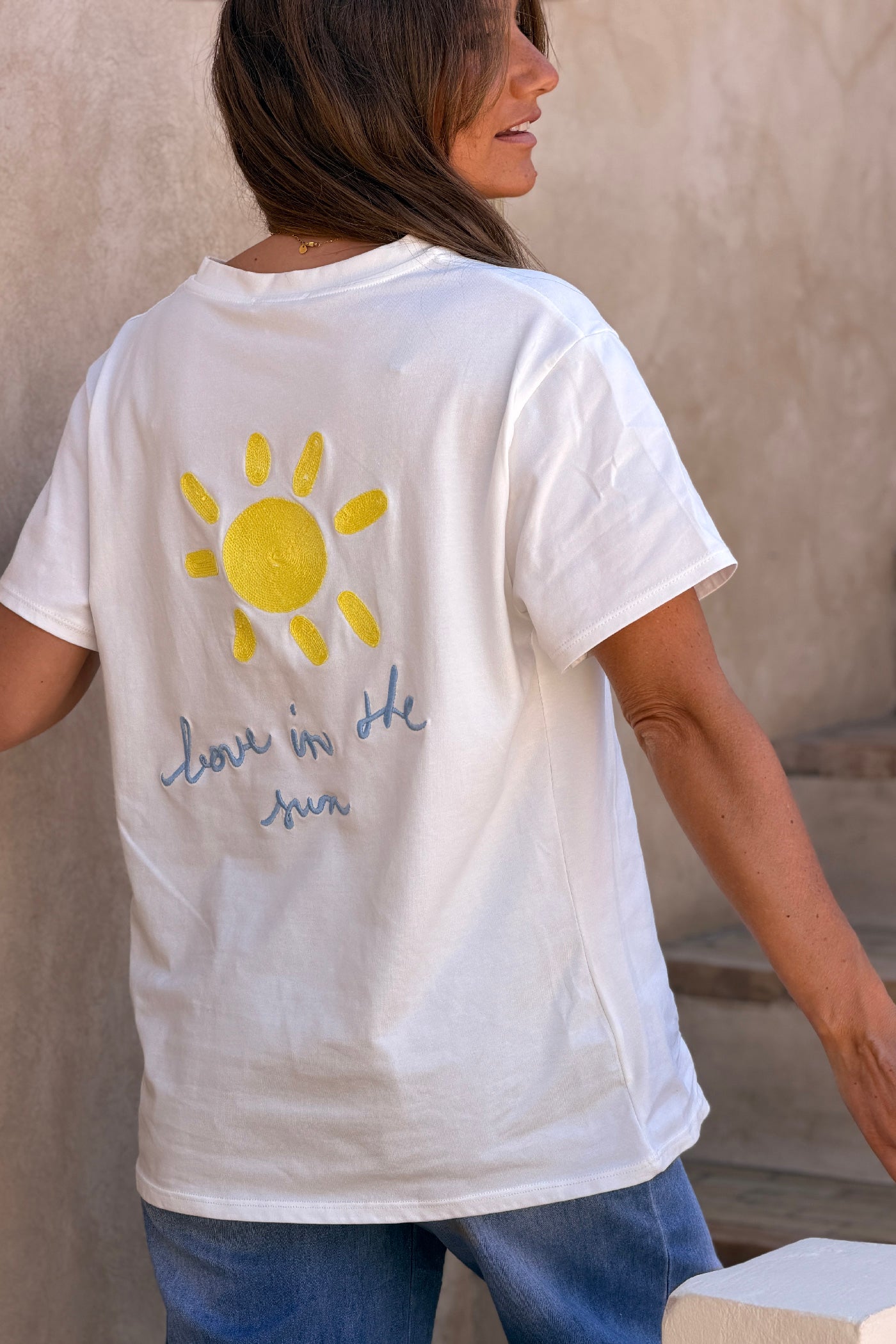 White / Blue V-Neck “Love in the Sun” Jersey Knit Tee