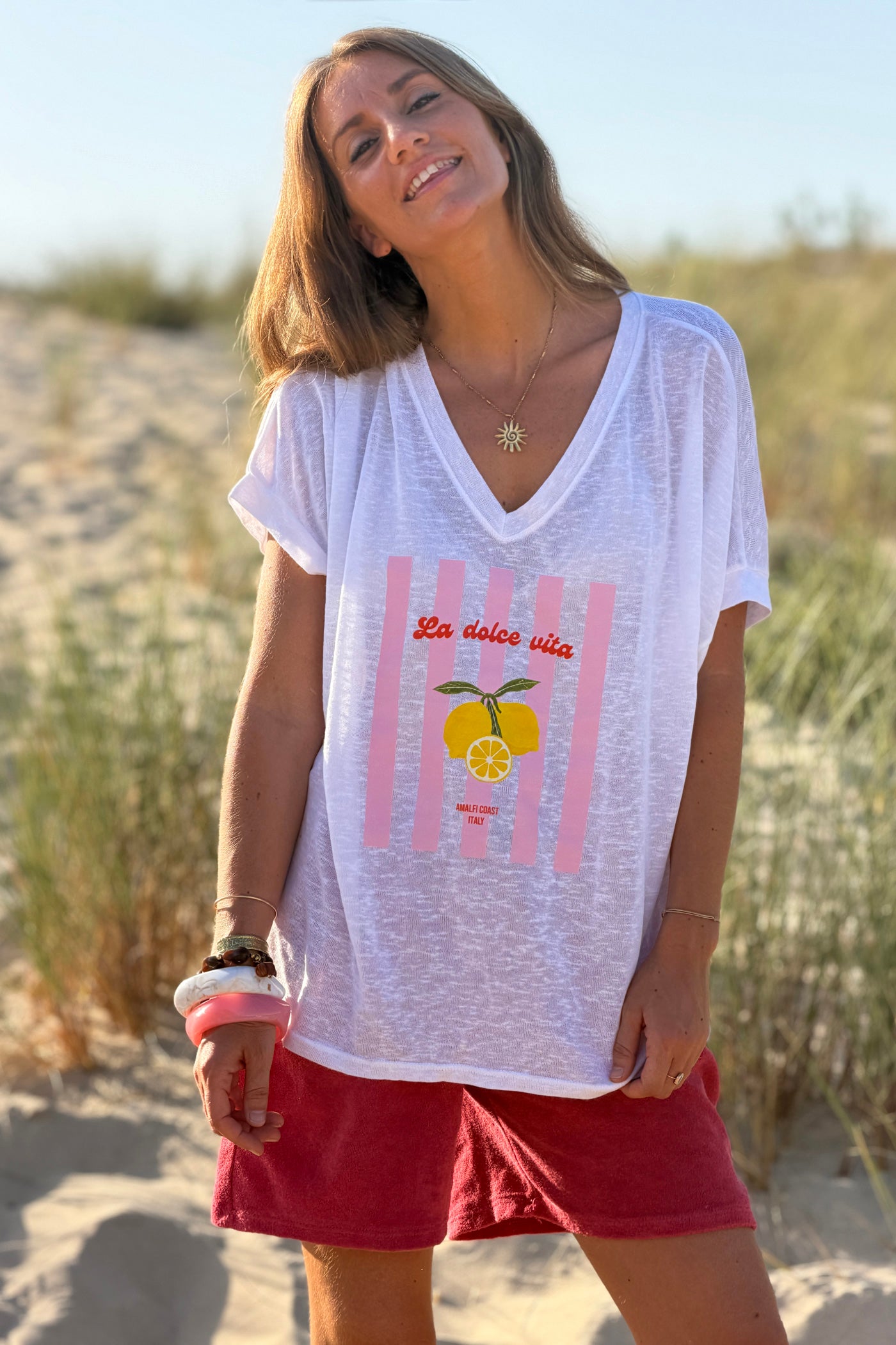White “La Dolce Vita” Lovely Lemons V-Neck Tee
