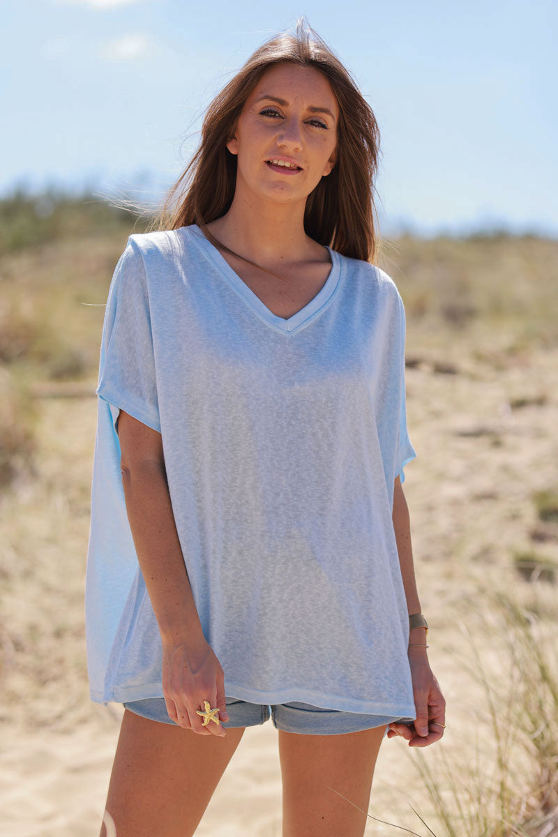 T-shirt bleu ciel délavé souple large et loose manches courtes chauve souris