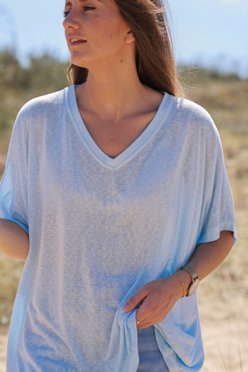 T-shirt bleu ciel délavé souple large et loose manches courtes chauve souris