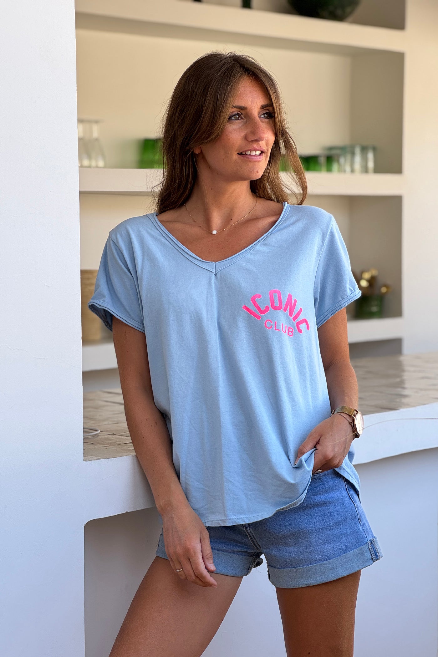 Baby Blue “Iconic Club” V-Neck Tee
