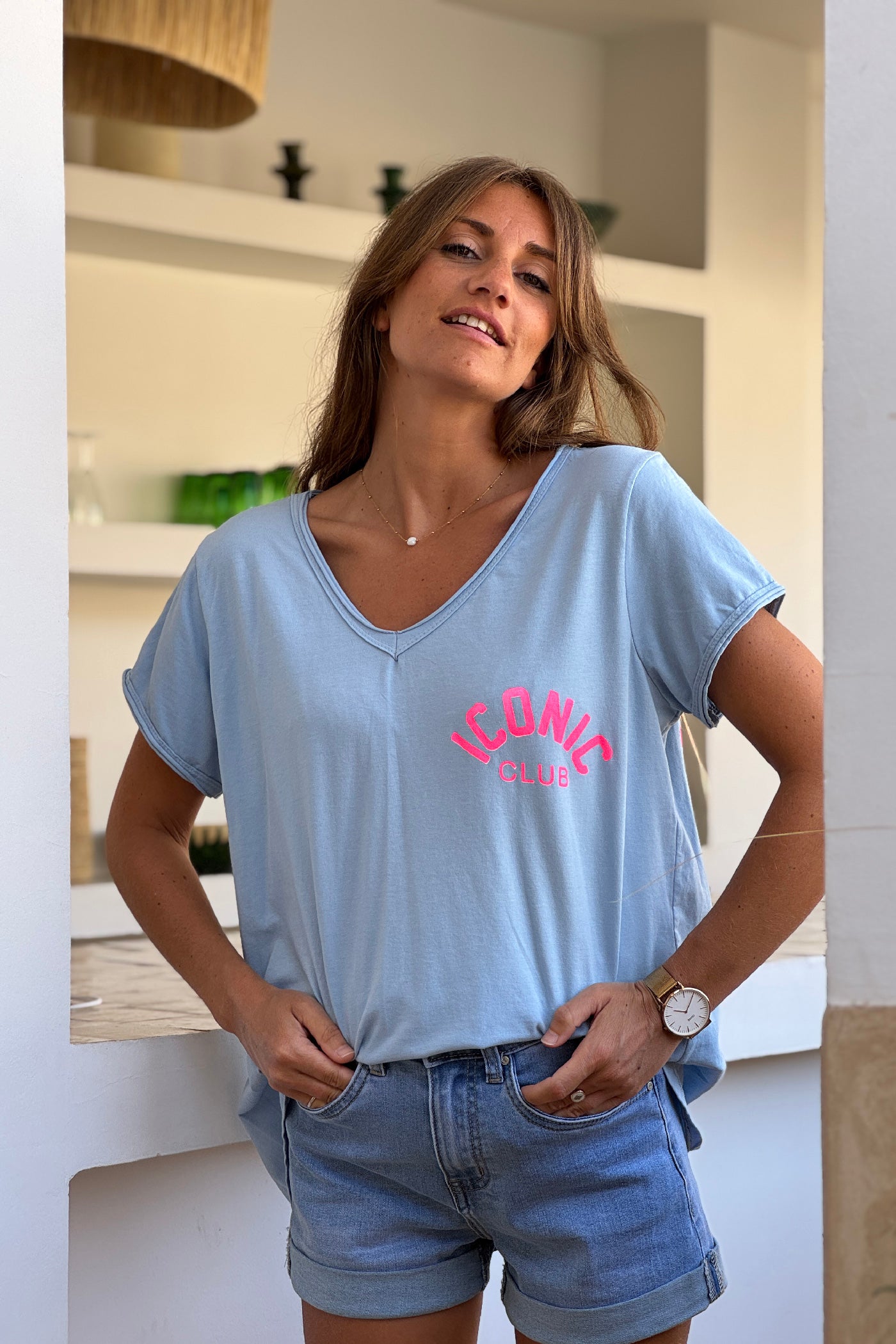 Baby Blue “Iconic Club” V-Neck Tee