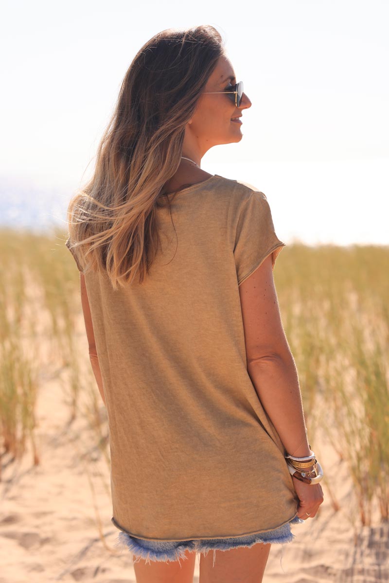 Tshirt camel coton col v arbre de vie brillant