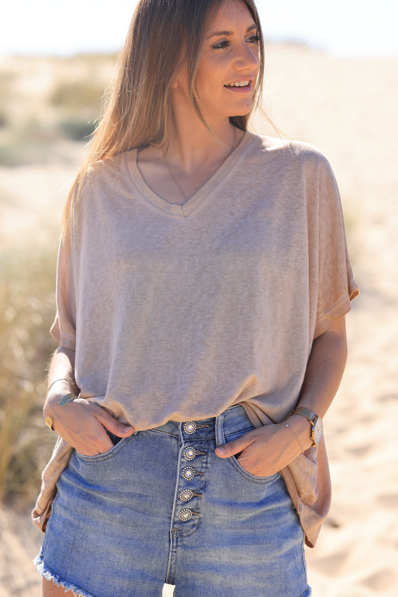 Tshirt camel délavé souple large et loose manches courtes chauve souris