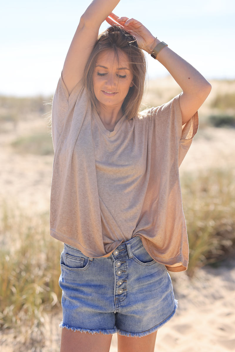 Tshirt camel délavé souple large et loose manches courtes chauve souris
