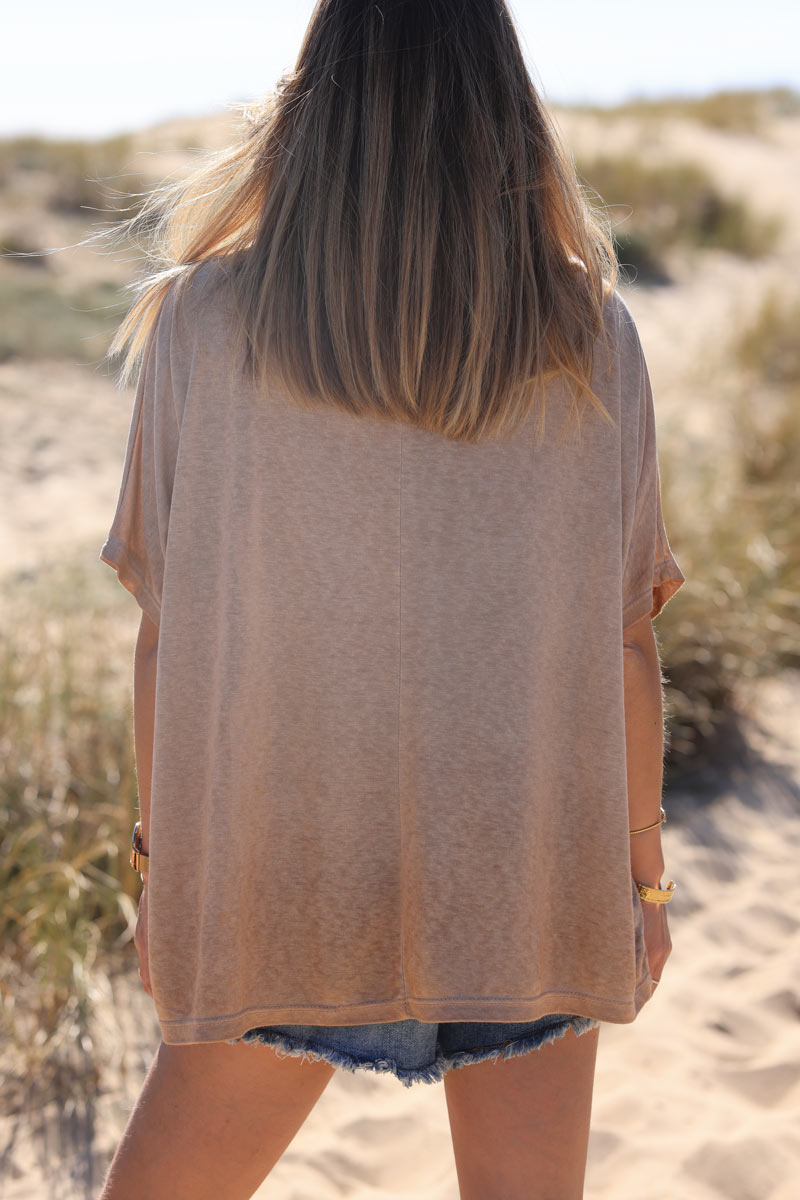 Tshirt camel délavé souple large et loose manches courtes chauve souris