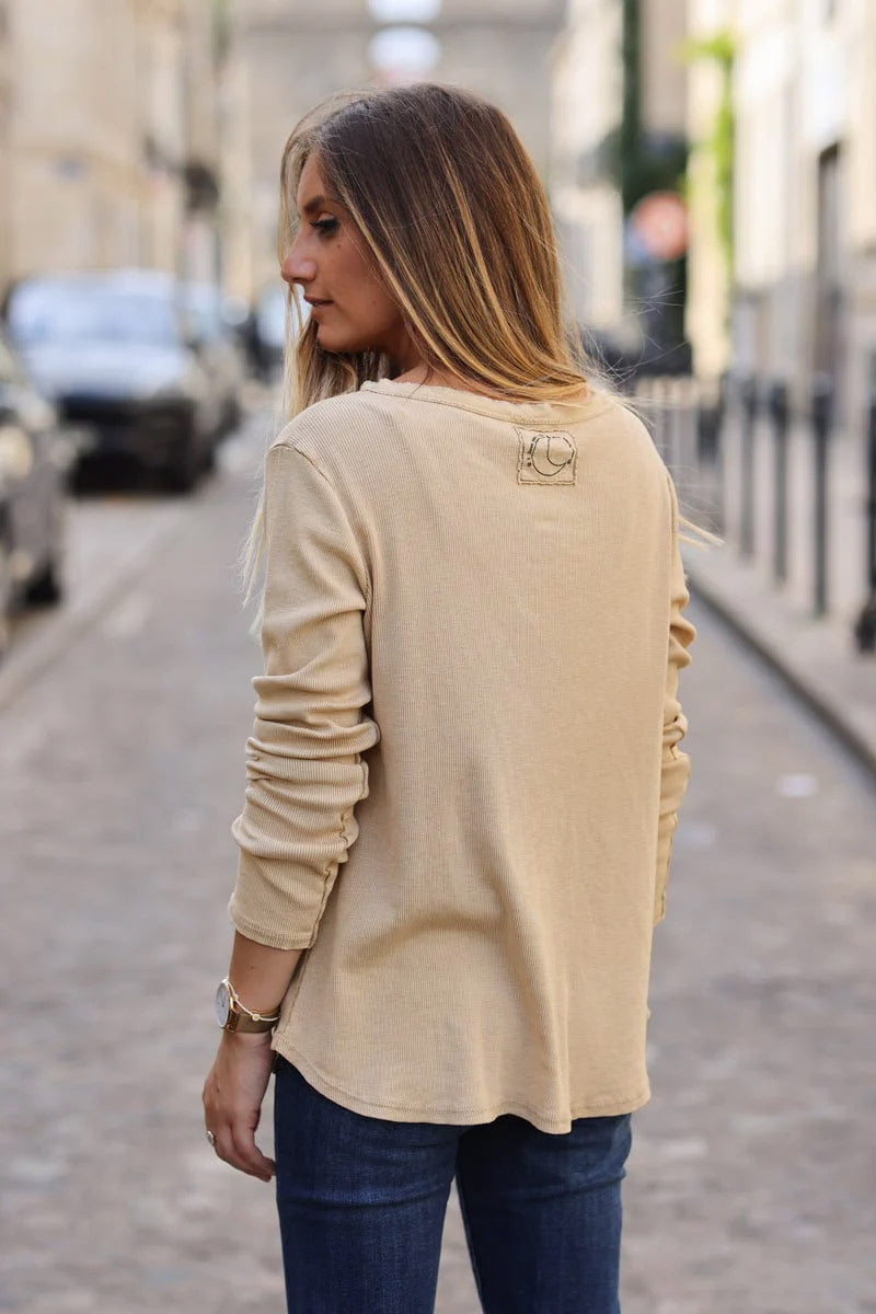 T-shirt côtelé camel stretch a manches longues ILY to the moon and back