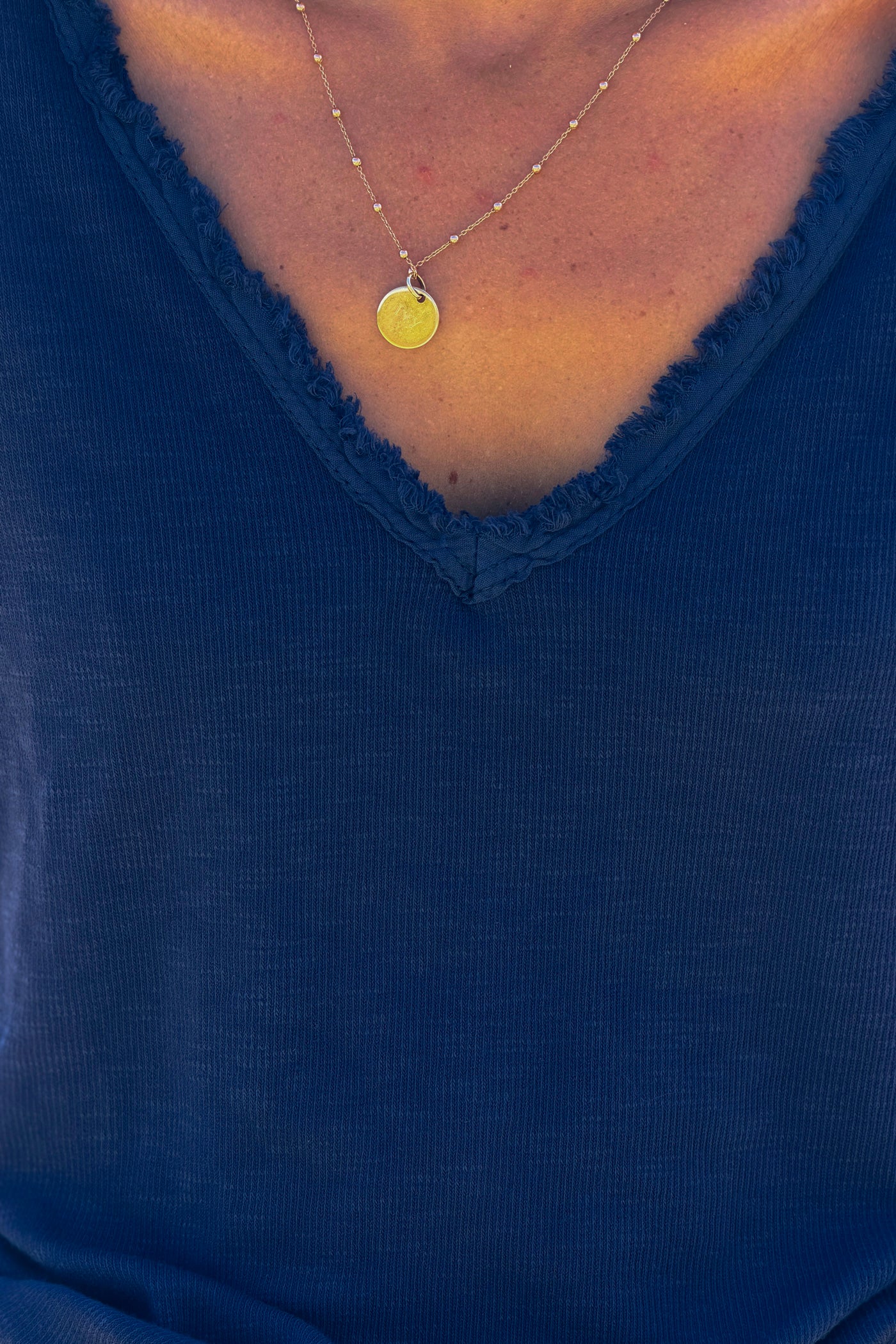 Navy Stretch Cotton Tee with Raw Hems