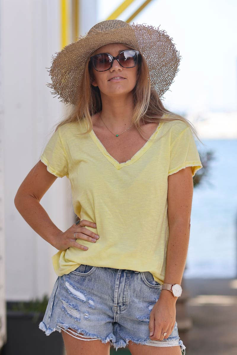 Tshirt coton stretch jaune finitions petites franges