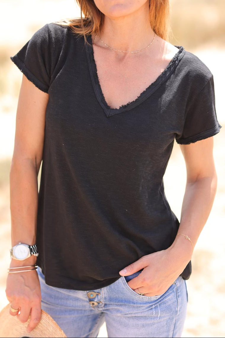 Tshirt coton stretch noir finitions petites franges