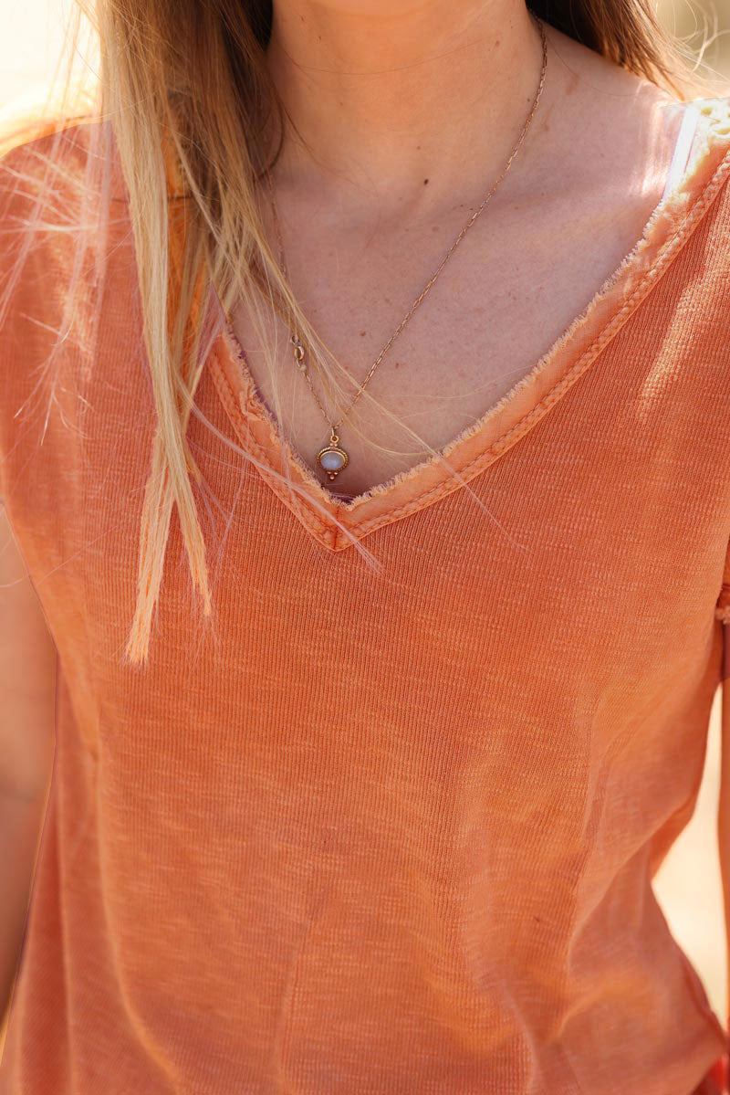 T-shirt coton stretch orange délavé finitions petites franges