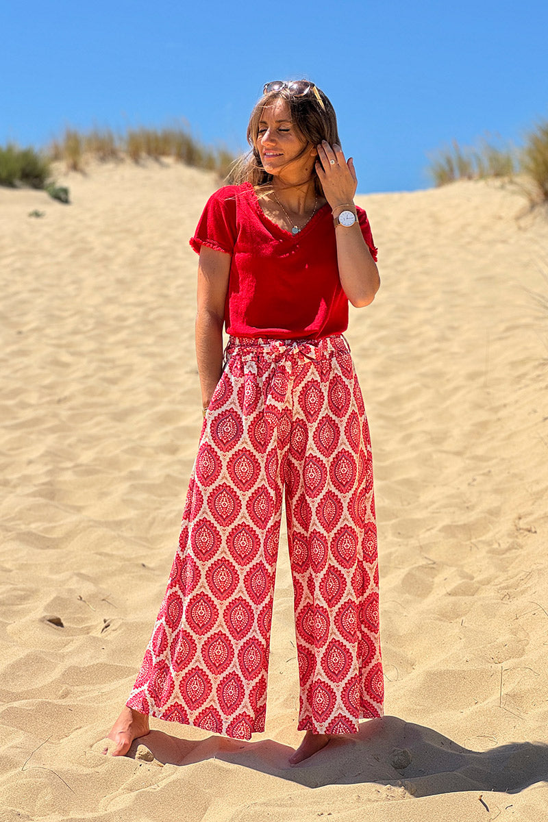 Tshirt coton stretch rouge finitions petites franges