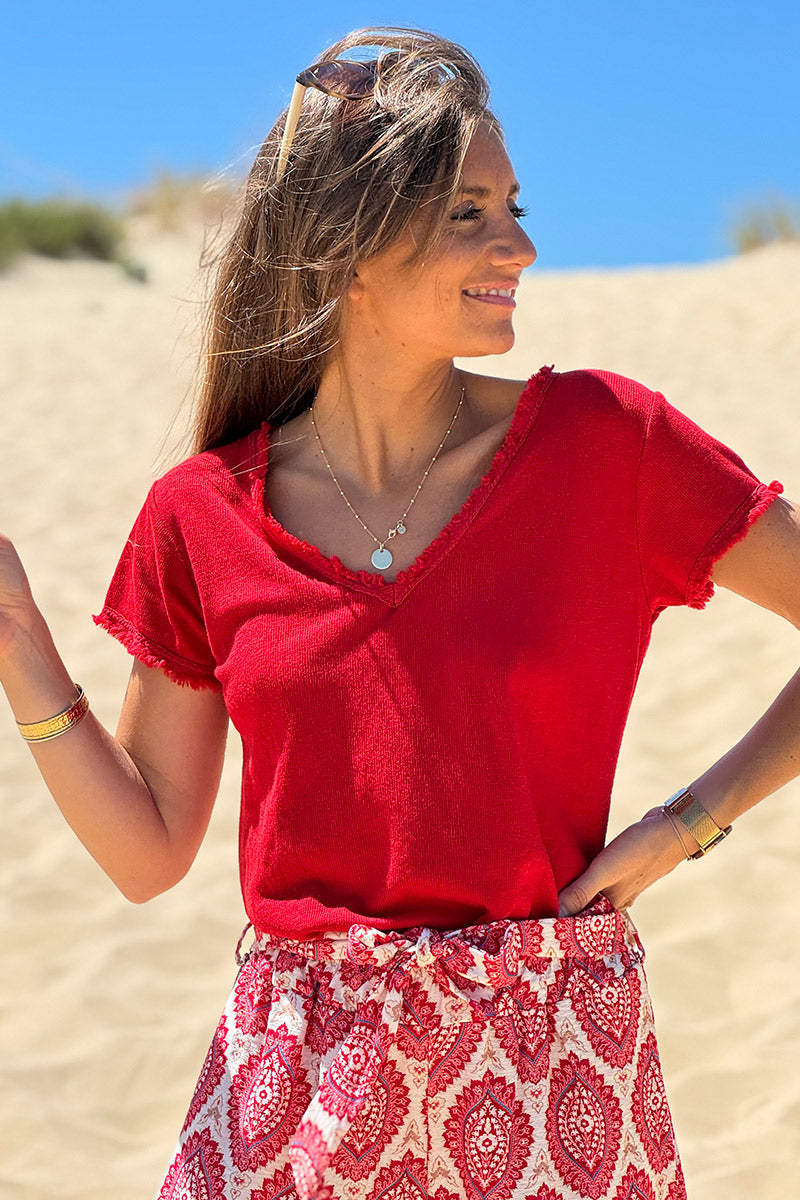 Tshirt coton stretch rouge finitions petites franges