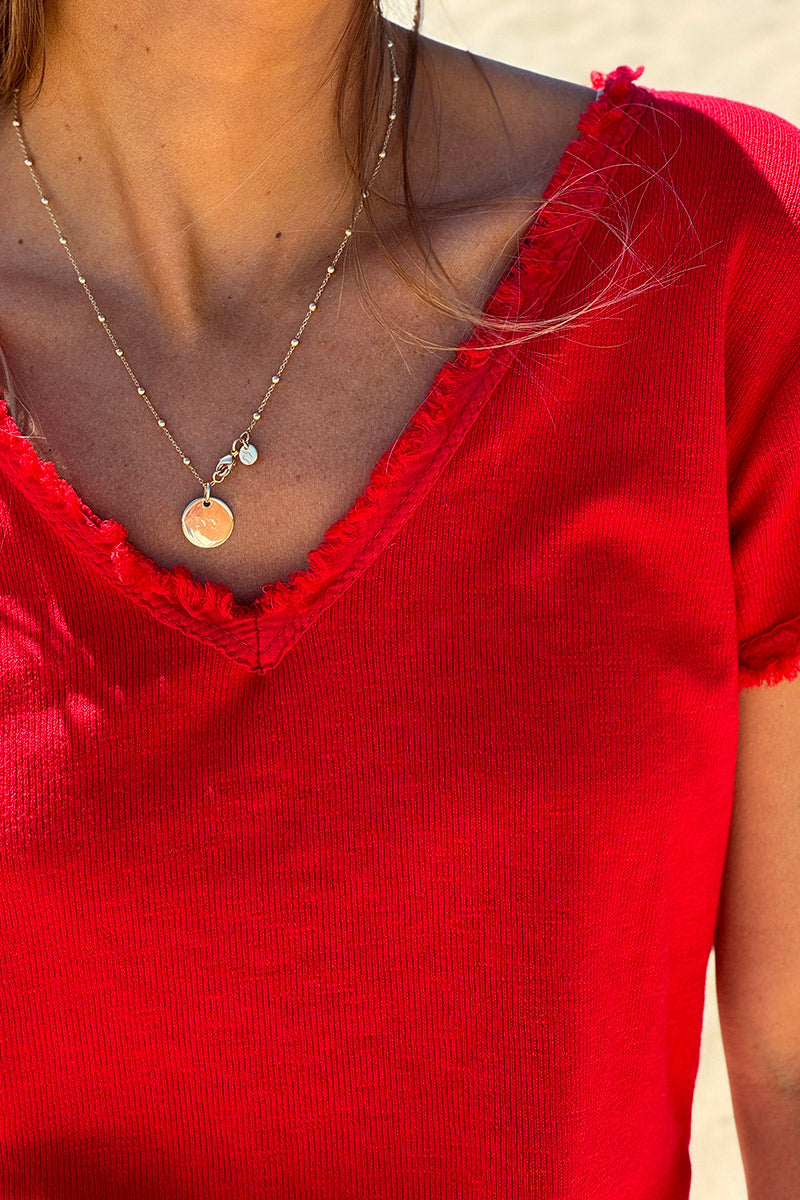 Tshirt coton stretch rouge finitions petites franges