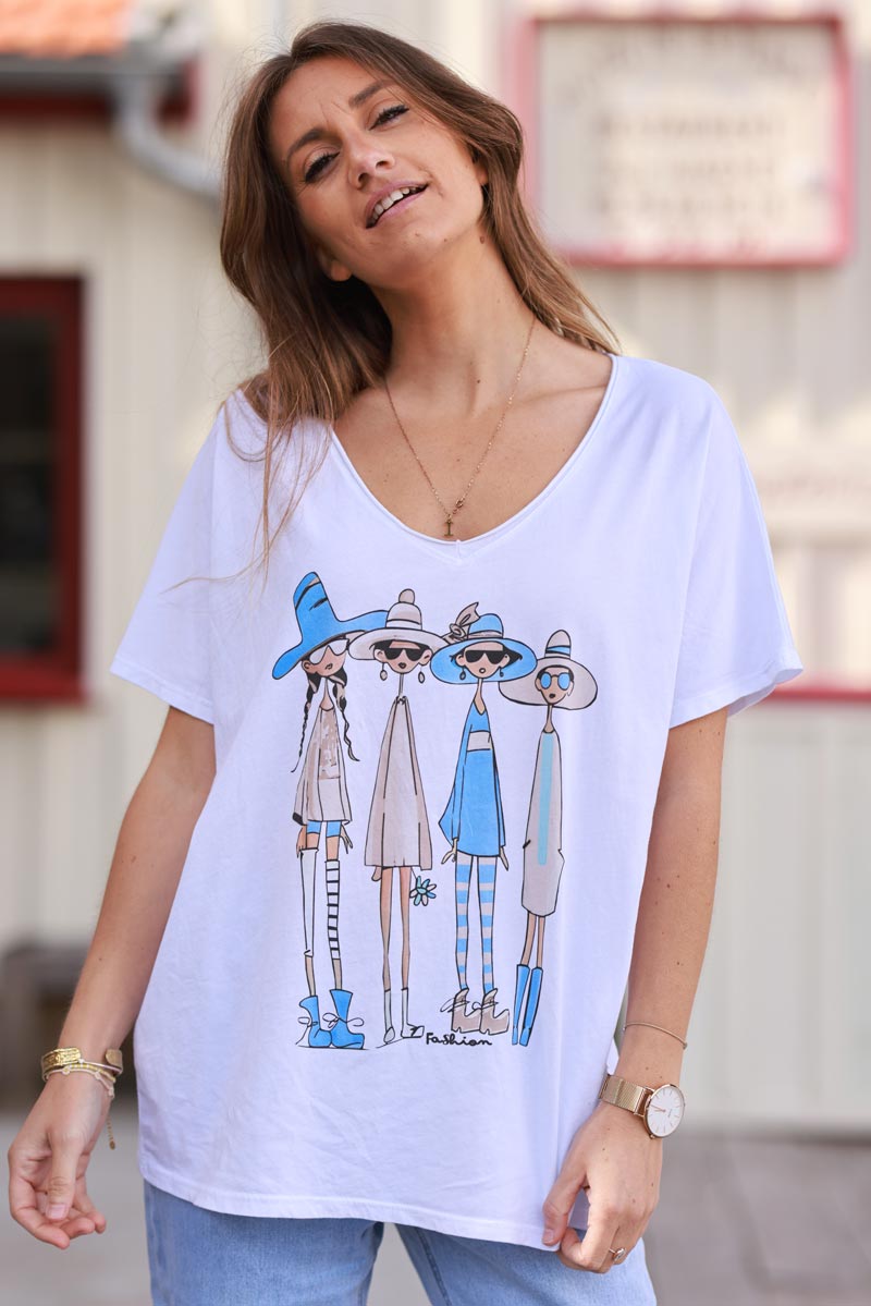 Camiseta holgada de algodón blanco con 4 estampados azules de moda para niñas