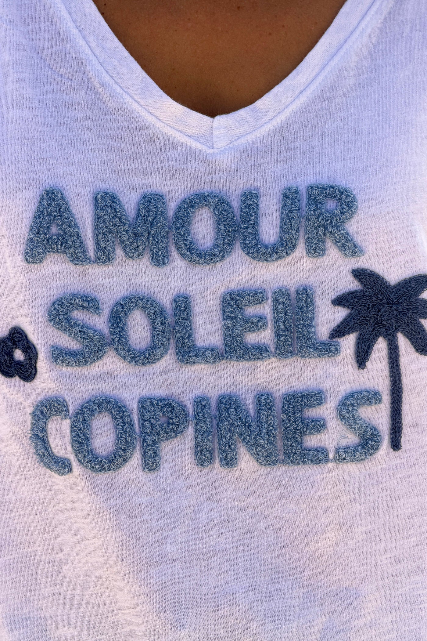 Blue “Amour Soleil Copines” V-Neck Tee
